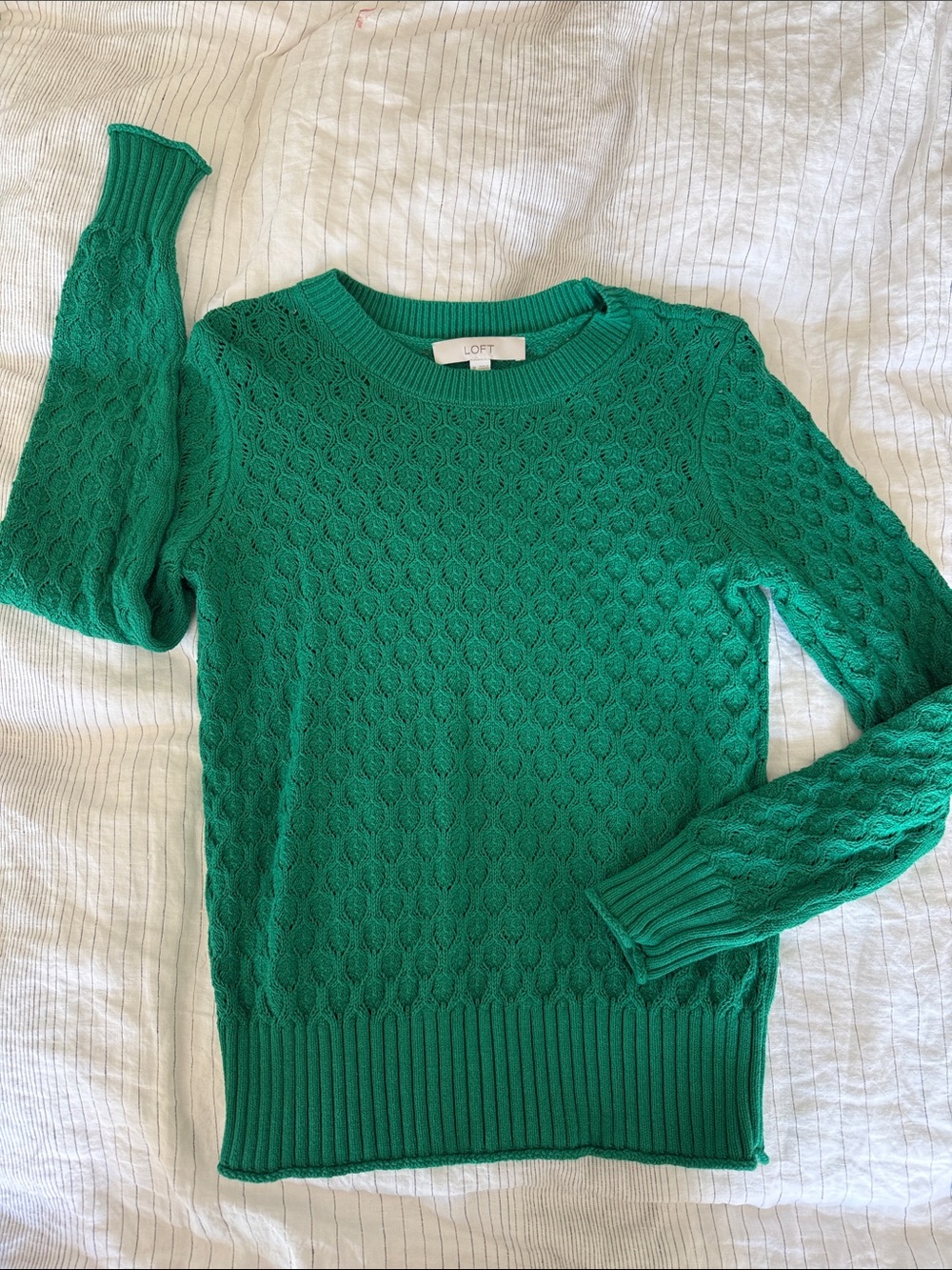 LOFT Bright Emerald Green Cable Knit Crewneck Sweater